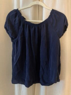 Joie Navy Blue 100% Silk Peasant Blouse Elastic Neck Size Small